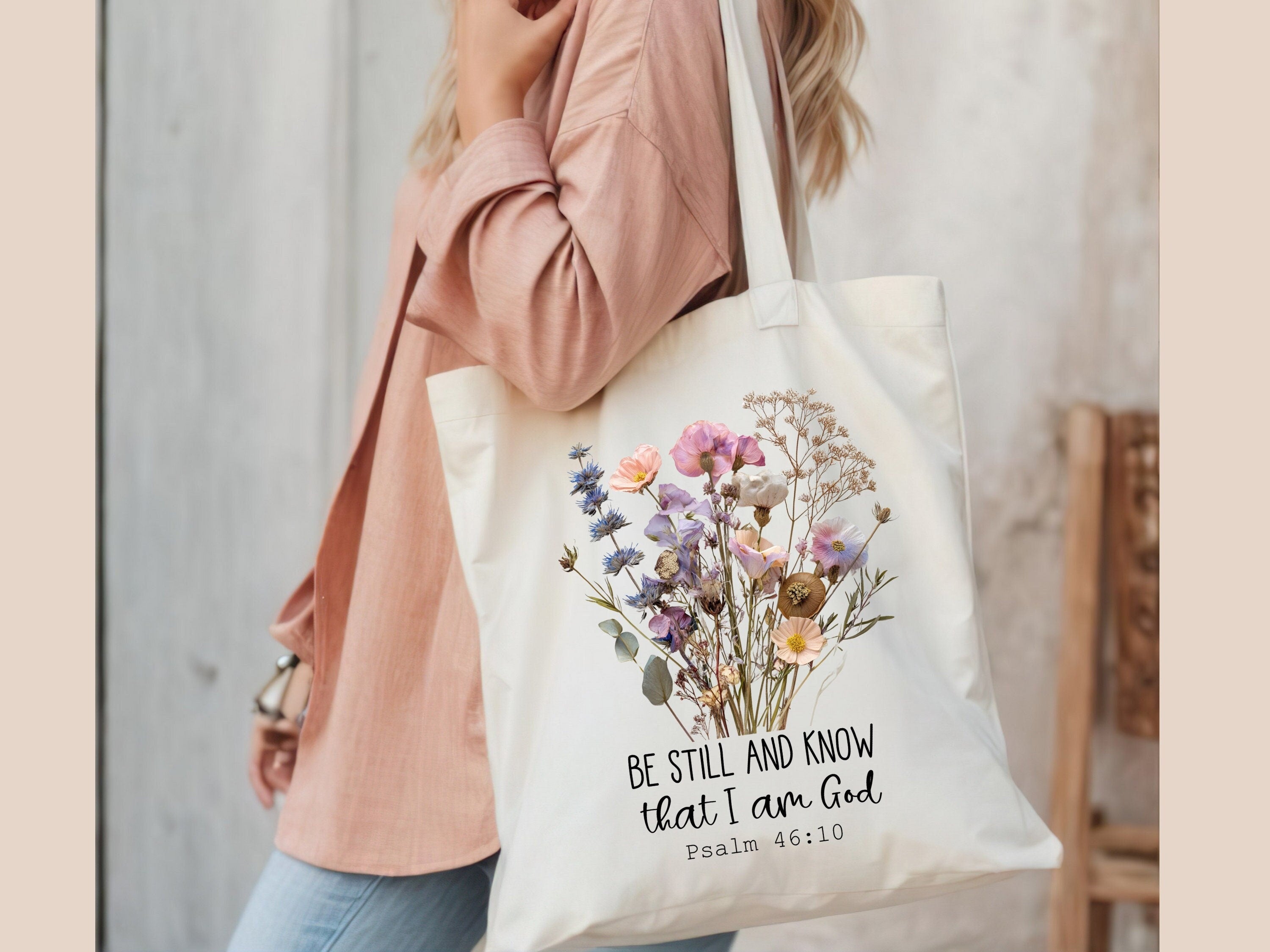 Boho Christian Tote Bag – Be Still and Know Psalm 46:10 – Floral Bible Verse Bag – Faith-Based Gift for Women – Reusable Canvas Tote – Religious Accessories